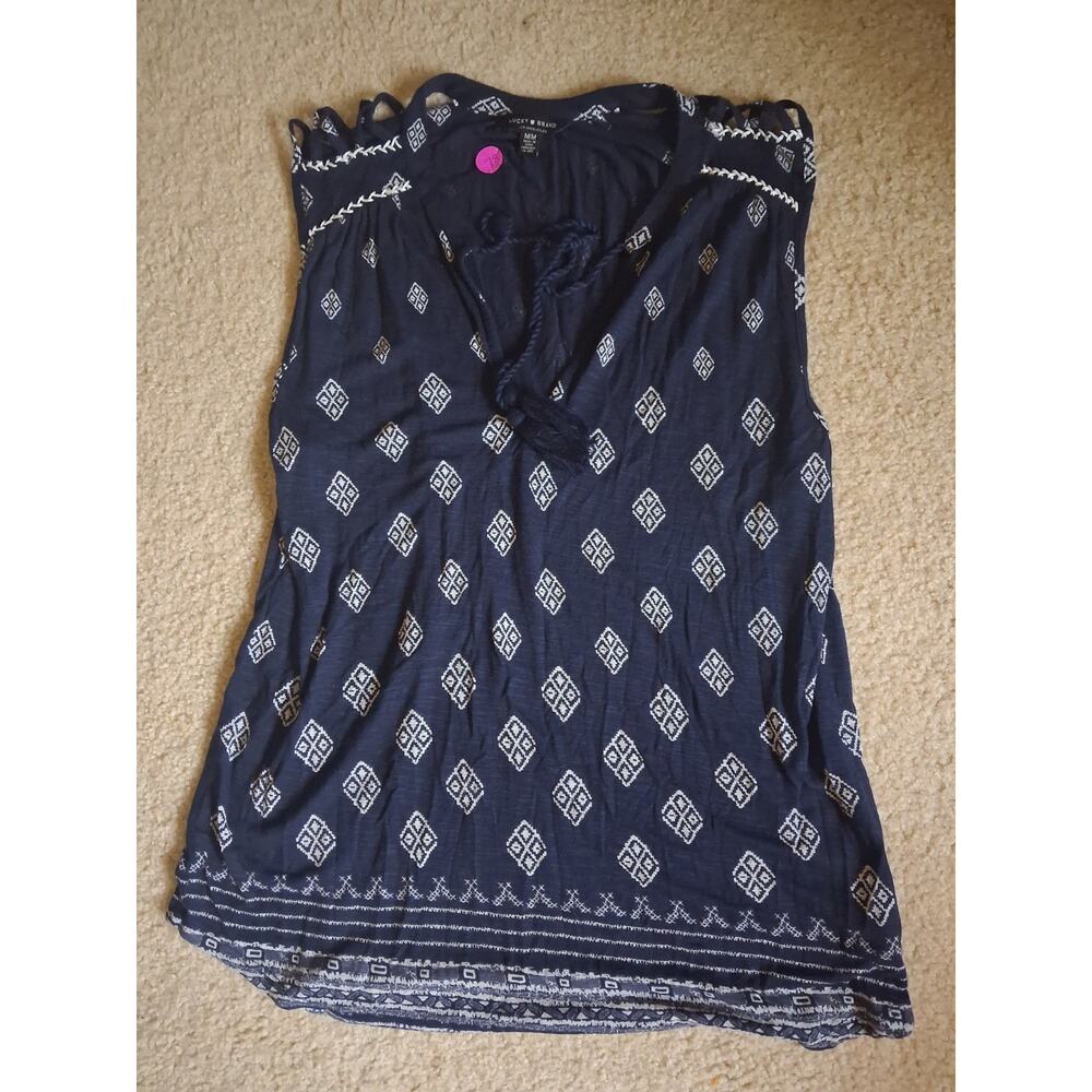 Lucky Brand Navy White Geometric Sleeveless Tie V-Neck Blouse M Viscose